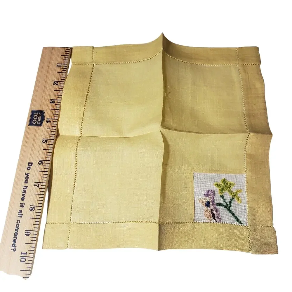 Vtg 1960'S Hankie Yellow Purple Flower Embroidered Cottage Pocket Scarf Grandma